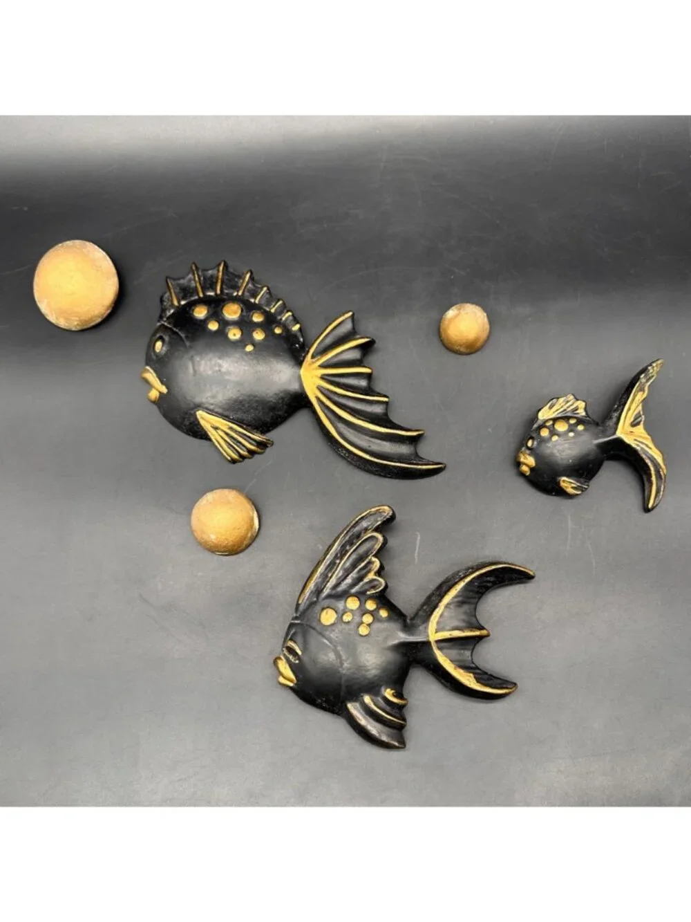 Vintage Chalkware Fish Wall Decor Set Mid Century Black Gold Bathroom Kitschy